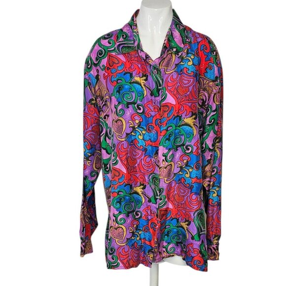 HER Womens 100% Silk, Heart Printed Button Down Shirt, Blouse, Size Large - Picture 1 of 6